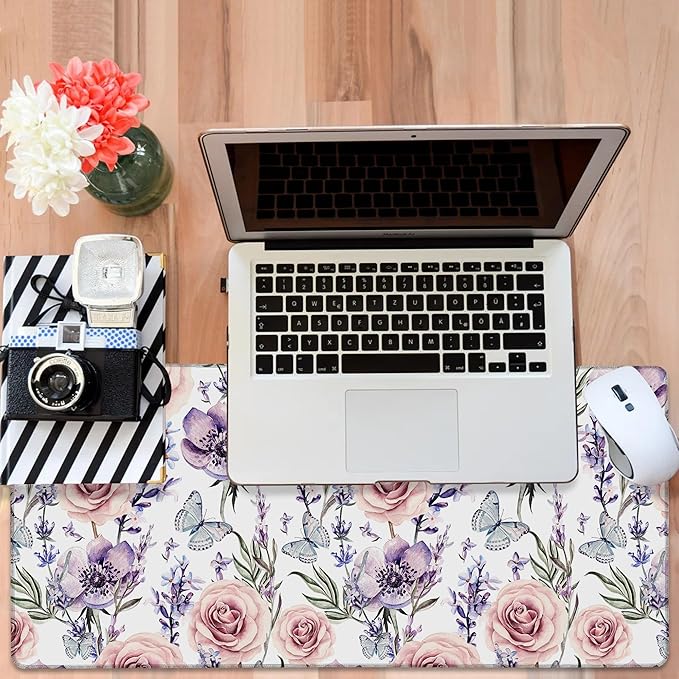 NITAHHHY Gaming Desk Pad Large Extra Length Lavender, Roses and Anemone Mouse Pad Keyboard Laptop Non-Slip Waterproof with Rubber Base Thick Stitched Edge Mouse Mat for Office Home 35.4 x 15.7 Inches