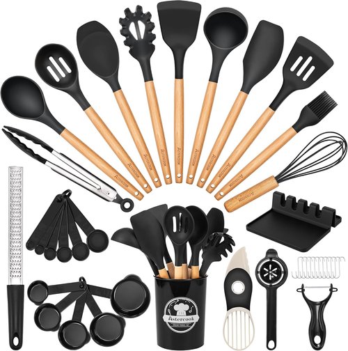Astercook 39 PCS Kitchen Utensils Set - Heat Resistant Silicone Cooking Tools with Wooden Handles | BPA-Free & Nonstick Safe