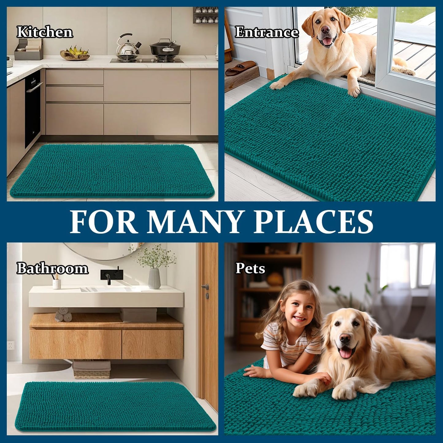 OLANLY Dog Door Mat - Absorbent Non-Slip Chenille for Muddy Paws | 34x21, Quick Dry Indoor Entryway Carpet, Lake Blue