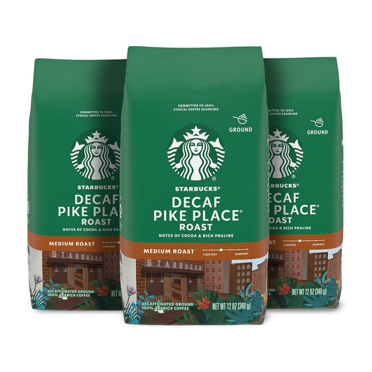 Starbucks Ground Coffee - Decaf Pike Place Roast, Medium Roast, 100% Arabica | 3 Bags (12 oz Each)