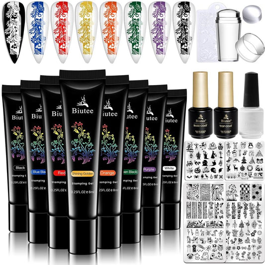 SEISSO Nail Stamping Polish Kit - 8 Colors, 4 Templates & Peel Off Tape for DIY Flower Art Design