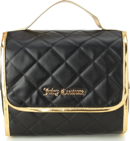 Juicy Couture Black Makeup Bag - Faux Quilted Leather Cosmetics Organizer with Hanging Hook | Travel Essentials
