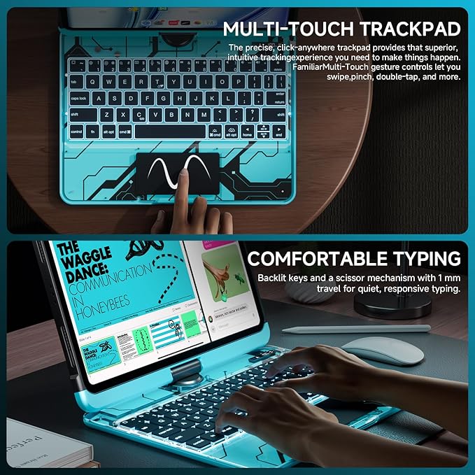 Tiaota Transparent Case with Keyboard for iPad 11th Gen 11-in.(A16, 2025) & 2022 iPad 10th Gen 10.9-in,7-Color Backlit,Wireless Keyboard, 360°Rotating,with trackpad,Pencil Holder,with Shortcuts,Blue