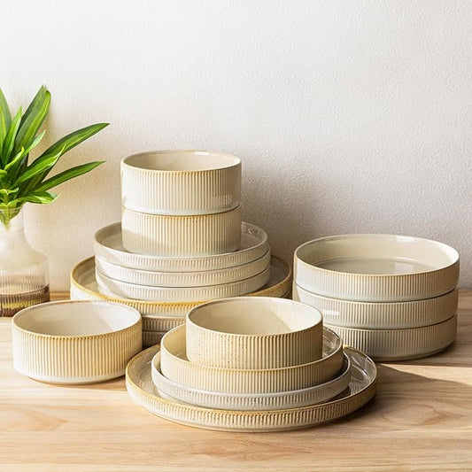 TheTerra Ceramic Dinnerware Sets with Pasta Bowls for 4, 16 Pieces Porcelain Lightweight Speckled Plates and Bowls Sets, Scratch Resistant Dish Set, Oven & Microwave & Dishwasher Safe, Cappuccino