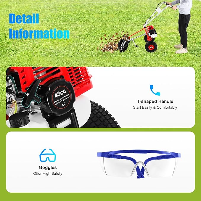 43CC 2-Stroke Gas Push Lawn Sweeper Broom, 1.7 HP Walk Behind Hand Snow Sweeper Handheld Broom Portable Driveway Turf Grass Cleaning Tool for Garden Yard Sidewalk