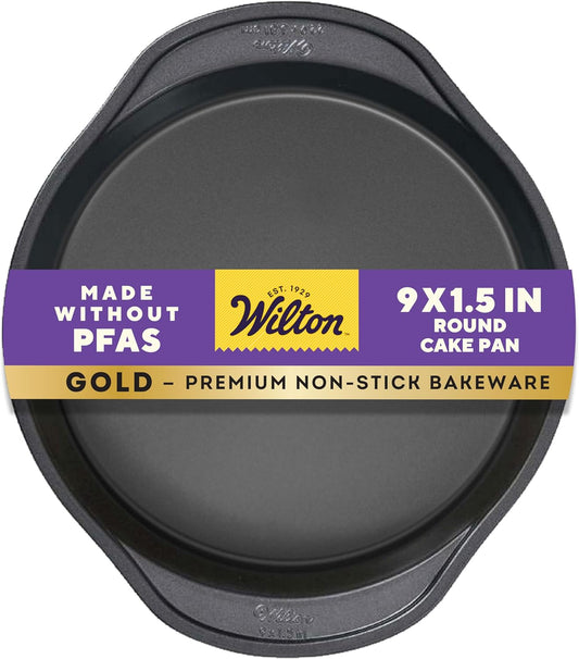Wilton Gold Non-Stick Round Cake Pan - Premium Warp-Resistant Design, 9 x 1.5 in