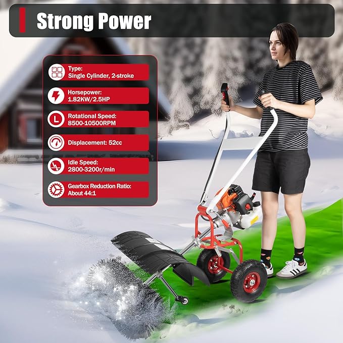 52cc Handheld Snow Sweeper Brush Broom, Gas Power Folding Outdoor Driveway Turf Grass Snow Cleaning Tool Walkway Cleaner for Leaves, Snow, and Gravel
