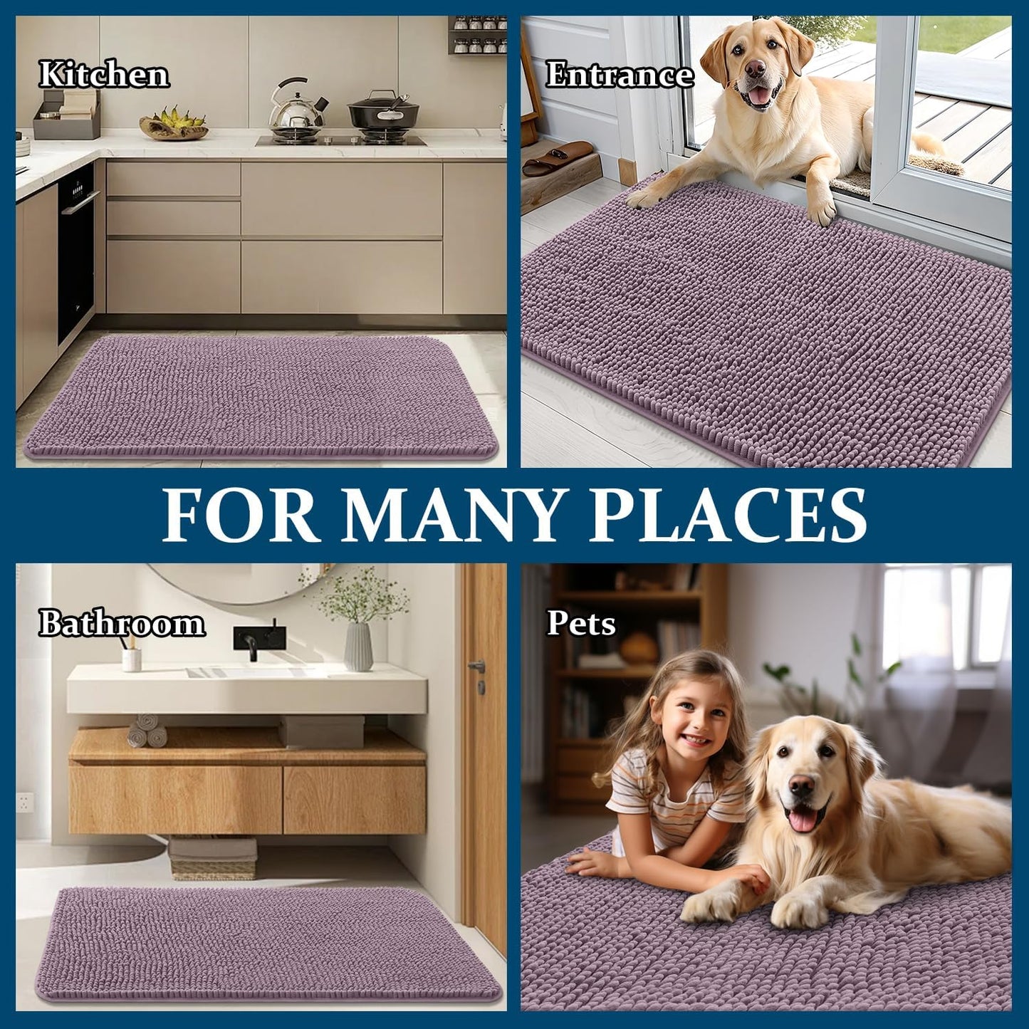 OLANLY Dog Door Mat - Absorbent Non-Slip Chenille for Muddy Paws | 59x32 Deep Plum, Quick Dry Washable Doormat