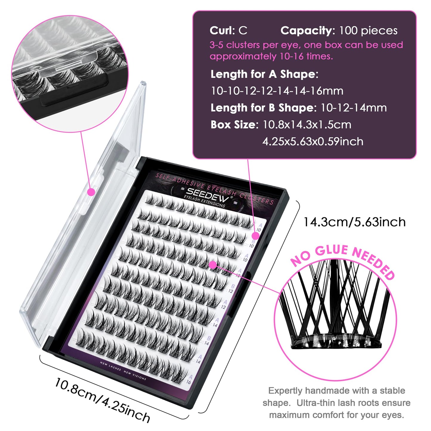 SEEDEW Lash Clusters, 100 Pieces DIY Eyelash Extensions, Individual Cluster Lashes, Super Thin Band, No Glue Needed Resuable Soft Natural Self Adhesive Lashes at Home(ABA-C Curl-MIX10-16mm-Black)