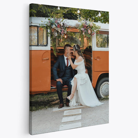 P&L ART Custom Canvas Wedding Photo Print - Romantic Vintage Van Portrait | 12x16 Gallery Wrapped Decor