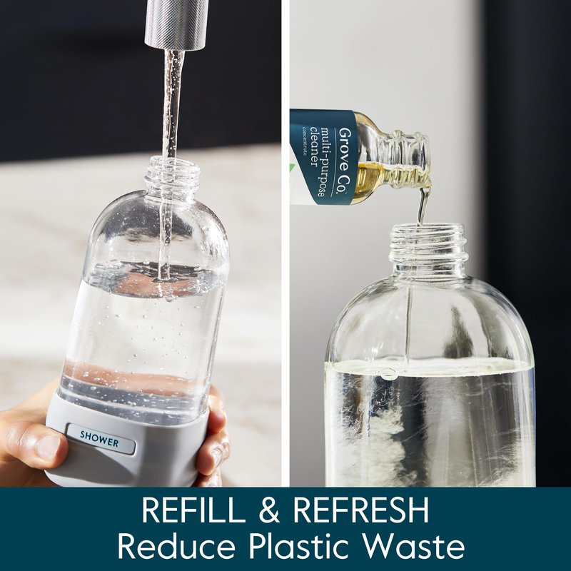 Grove Co. Glass Spray Bottles for Cleaning Solutions, 2-Pack Bundle, Unique Silicone Sleeve Slide & Snap Custom Label, Refillable Spray Bottle, Made from Recycled Glass, 2 x 16 oz