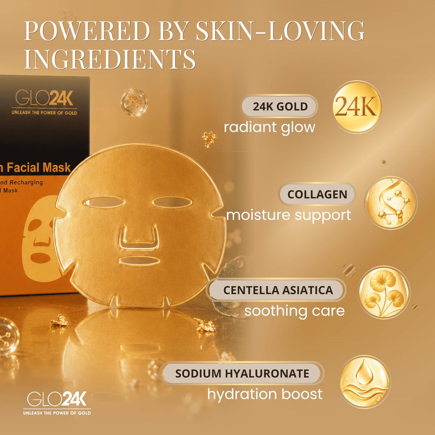 GLO24K Collagen Face Mask – 24K Gold Face Mask, Hydrating Facial Mask with Hyaluronic Acid, Anti Aging Face Mask, Gold Hydrogel Mask for Skin Care, 5 Pack