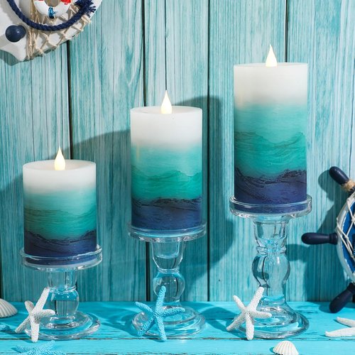 Baquler Flameless LED Ocean Gradient Pillar Candles - 3 Pcs Blue Teal Coastal Decor for Weddings & Parties