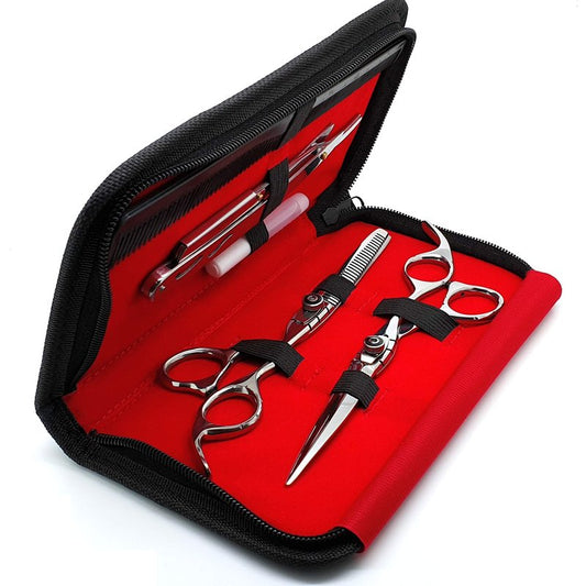 Saaqaans MSS-02 Professional Hair Cutting Scissors Set - Package Includes Barber Scissor, Thinning Shear, Straight Razor, 10 x Double Edge Blades & Hair Comb in Stylish Scissors Case (Silver USA)