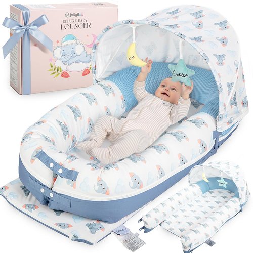 JollyBoo® Deluxe Infant Lounger Pillow - Portable Bamboo-Cotton Baby Nest with Sunshade & Plush Toys | Soft, Breathable Design for 0-24 Months (Blue Elephant)