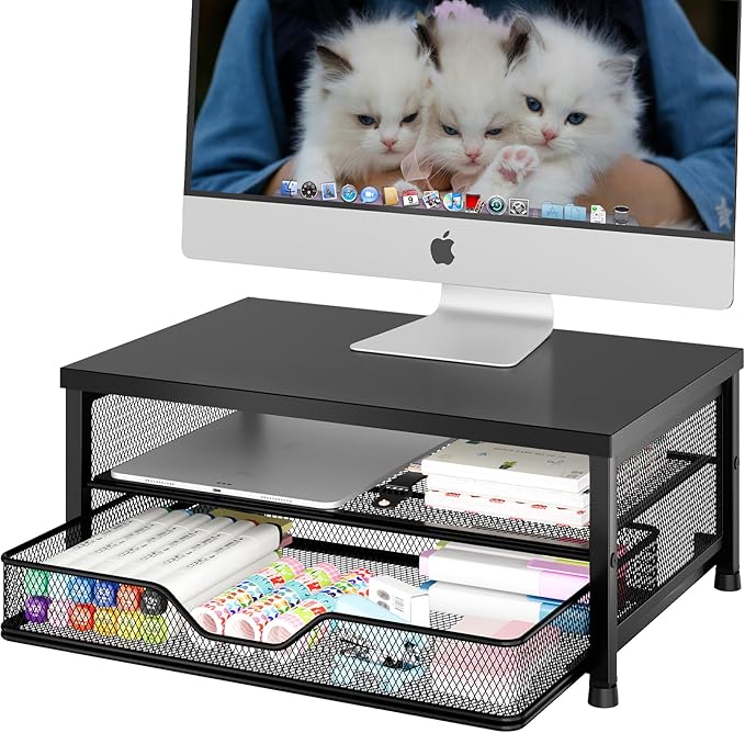 OPNICE Computer Monitor Stand Riser, Desk Organizer with Drawer, Printer & Laptop Stand, Office Desk Accessories & Workspace Desktop Organizers Storage for Office Supplies(Black)