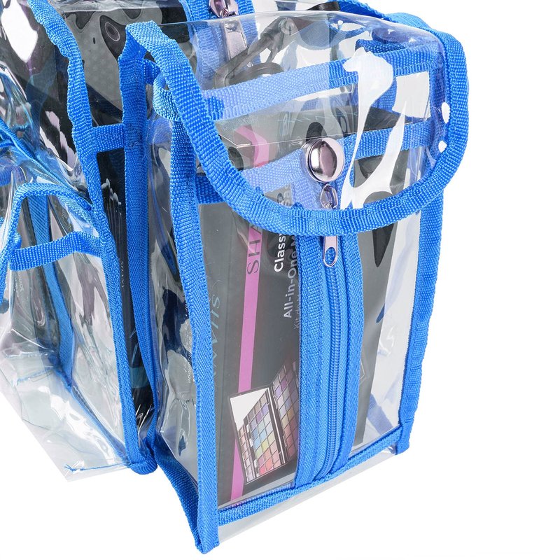 SHANY Cosmetics Shany clear pvc makeup bag - large professional makeup artist rectangular tote with shoulder strap and 5 external pockets - blue, Blue