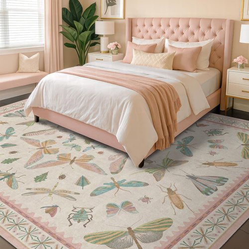 Hazo Haus Floral Pink Rug - Cute Insect Print for Girls' Bedroom | Washable 6x9 Vintage Decor