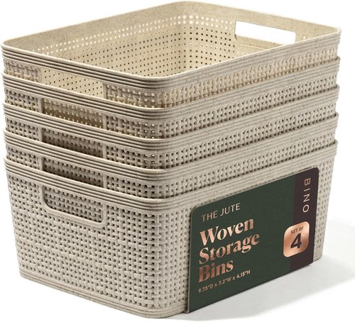 BINO Woven Plastic Basket - Stylish Home Organization, Space-Saving Design | Small Natural 5-Pack