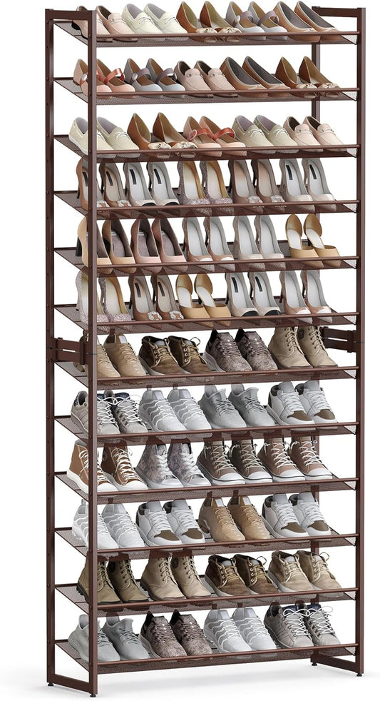 SONGMICS 12-Tier Shoe Rack - Metal Organizer for Garage | Stackable Design Holds 48-60 Pairs, Bronze