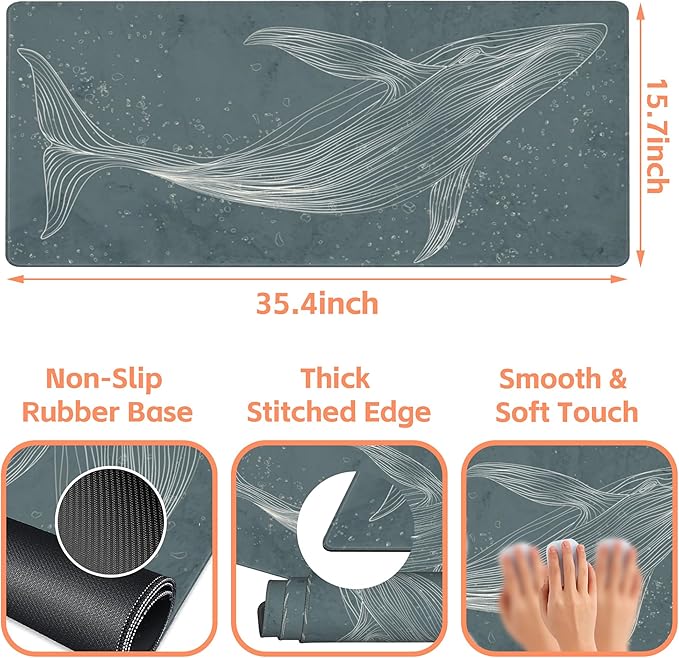 NIYLYNSYN Mouse Pad Large Hand Drawn Whale Non-Slip Gaming Desk Mat with Stitched Edge Laptop Keyboard Desk Pad for Work Home Gaming (35.4 x 15.7 Inches)