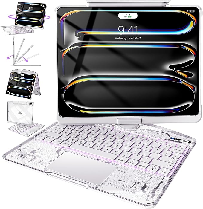 Intermerge Clear Keyboard Case for iPad Pro 13"(M5,2025/ M4,2024), 360° Swivel Multi-Touch Trackpad, 7-Color RGB Backlit, Pencil Holder, Type-C, Power Indicator, Frost Pulse