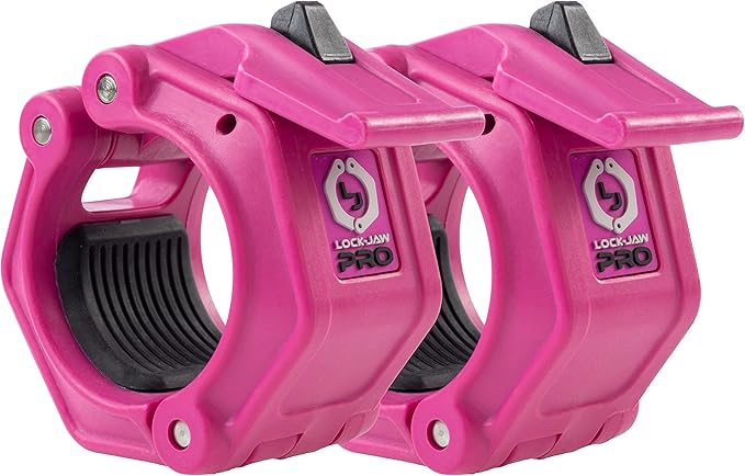 Lock-Jaw PRO 2 Barbell Collars Olympic Barbell Clamps 2 Pcs – Heavy Duty Bar Clamps for 2” & 50mm Olympic Bars – Secure Weight Bar Clamps for Strength Training & Home Gym Accessories – Pink
