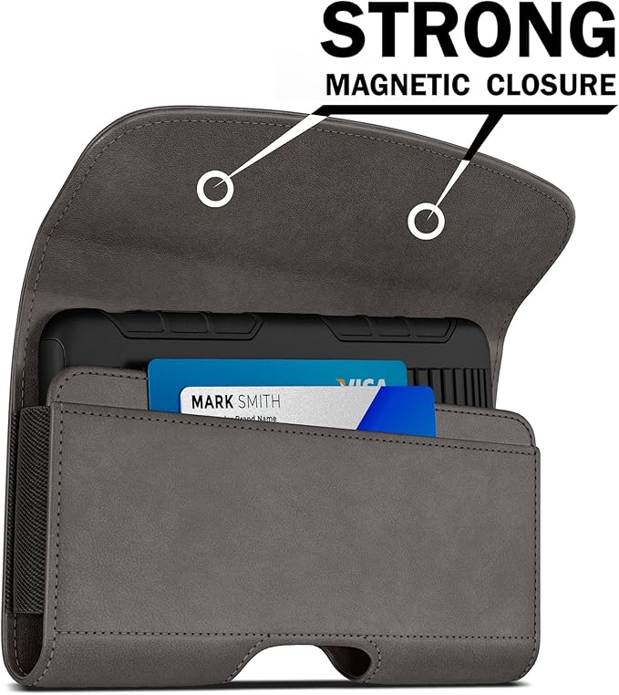 PiTau Holster for iPhone Pro Max & Plus 17 16, 15, 14, 13, 12, 11, 8, 7, 6, XS Max, Men's Cell Phone Case with Belt Clip ID Card Holder for Samsung Galaxy S25+, Fits with Case Cover on, Pewter Large