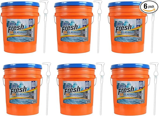 Ultra Fresh 6X Platinum 5 Gallon Laundry Detergent Liquid for All Machine Types with Easy Dispensing Pump, Up to 640 Loads, Mountain Fresh (6 Pack)