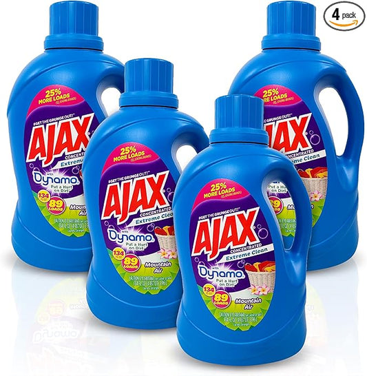 Ajax + Dynamo Mountain Air Laundry Detergent Liquid â Totally Awesome Cleaner with Deep Clean Power, Stain & Odor Remover, HE Compatible, 134oz (Pack of 4), 356 Loads, Fresh Scent