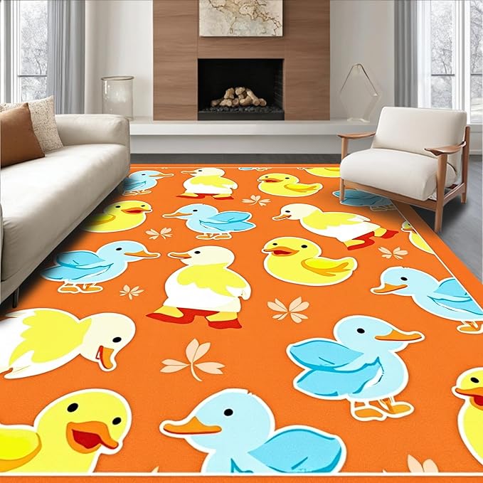 Flatwoven High Traffic Area Rug 4x6, Whimsical Parade Watercolor Cartoon Inspired Motif, Non Slip, Stain Resistant, Washable Area Rugs for Living Room, Bedroom (Orange, 4x6)
