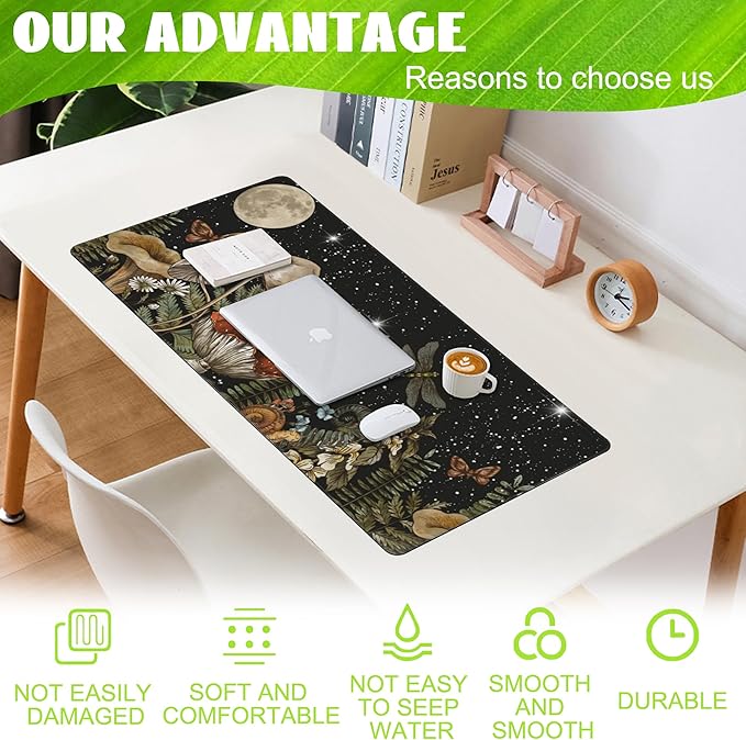 Eflxamz Large Gaming Mouse Pad for Desk,Cute Forest Mushroom Desk Mat,Starry Night Mushroom Desk Pad,Extended Big Computer Keyboard Mouse Pad with Non-Slip Base and Stitched Edge,35.4"x15.7"