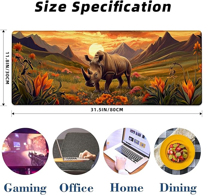 Kibue Rhino Gaming Mouse Pad, Sunset Floral and Wildlife Mousepads for Gaming Home Office Work, Extended Mats Computer Keyboard Laptop, 31.5×11.8 Inch Large Desk Mat with Non-Slip Rubber Base