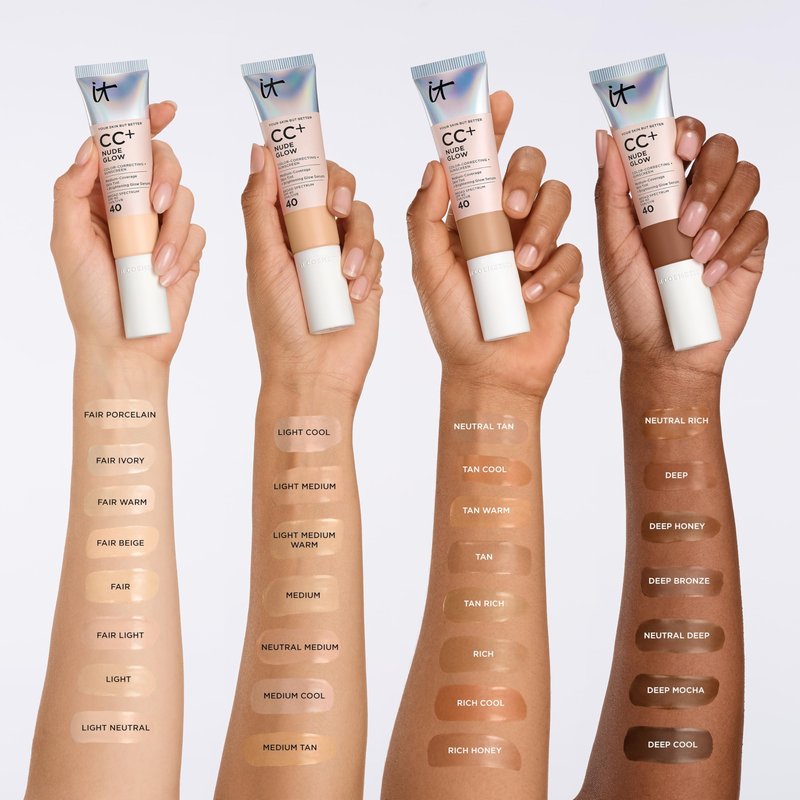 IT Cosmetics CC+ Nude Glow (Deep Bronze) - Medium Coverage Foundation with SPF 40 & Brightening Glow Serum, Lightweight Skin Tint, 2% Niacinamide + Hyaluronic Acid, Up to 24H Hydration - 1.08 fl oz