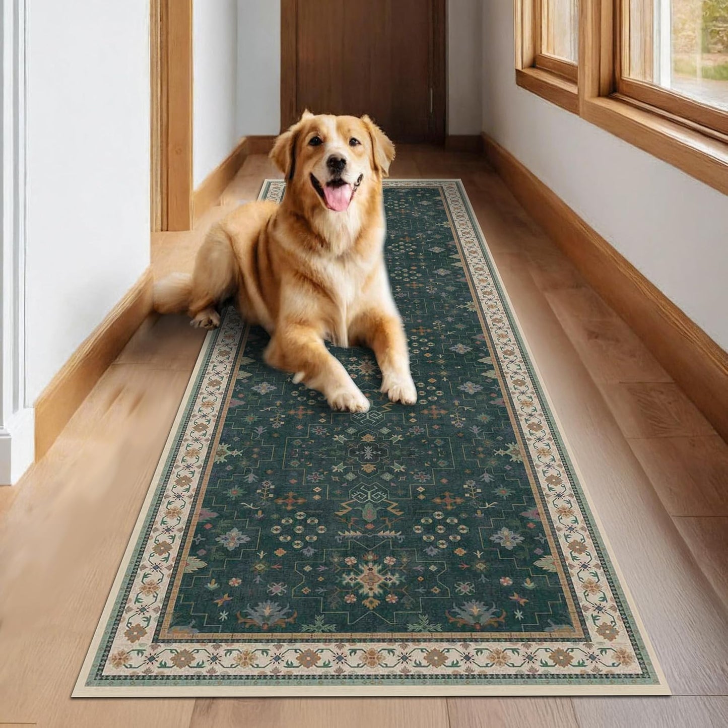 Regine Switzerland Dark Green Washable Kitchen Runner Rug - 2'6"x8' Non-Slip Rubber Backing, Stain Resistant