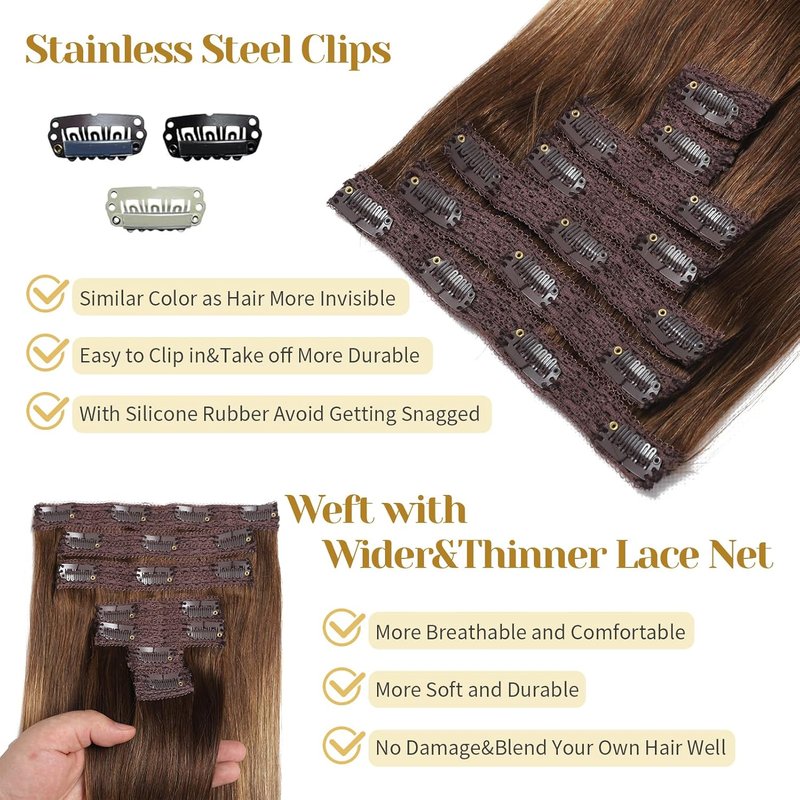 Real Human Hair Clip-In Extensions - Ombre Chocolate Brown to Caramel Blonde | 14 Inch, 7pcs, 70g