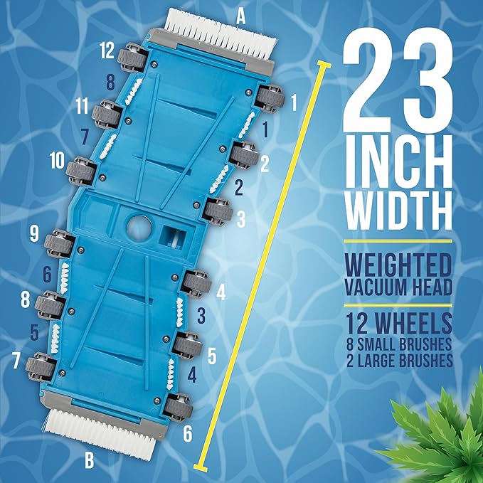 U.S. Pool Supply 23" Manual Pool Vacuum Head for Inground Pools, Extra-Wide, Side Brushes, Flexible, Weighted - Swivel Direction-Control Metal Pole Handle - 7lbs 6 Weights, 12 Wheels, Attach 1.5" Hose