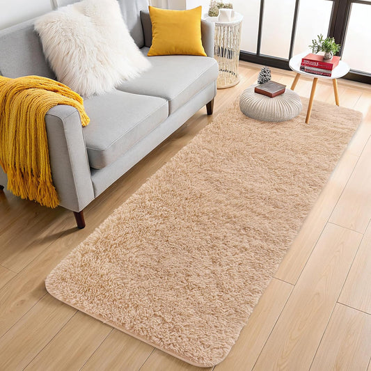 OLANLY 2x8 Machine Washable Runner Rug - Soft Fluffy Shaggy Design for Hallway & Bedroom | Beige Indoor Carpet