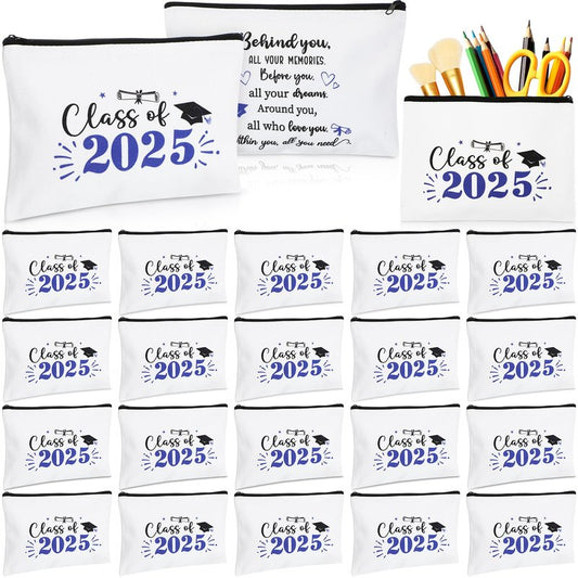 Meanplan 20 Pcs Graduation Gift Bulk Class of 2025, Canvas Makeup Bag Graduation Party Favors Inspirational Cosmetic Pouch Thank You for Guest Her Women Teacher Student Christmas(Blue)