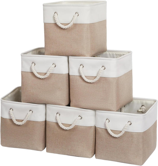 Skiennix Storage Cubes - 6 Pack Large Collapsible Fabric Bins | Foldable Organizer for Home & Office - White & Beige