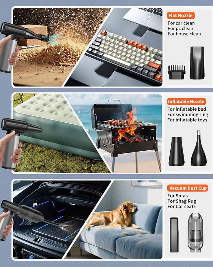 BOBYE Compressed Air Duster, 2-in-1 Blower & Vacuum, 180000RPM Cordless Air Duster with Fast Charging, 3-Gear Adjustable Mini Blower for Keyboard, PC, Car, and Home Cleaning