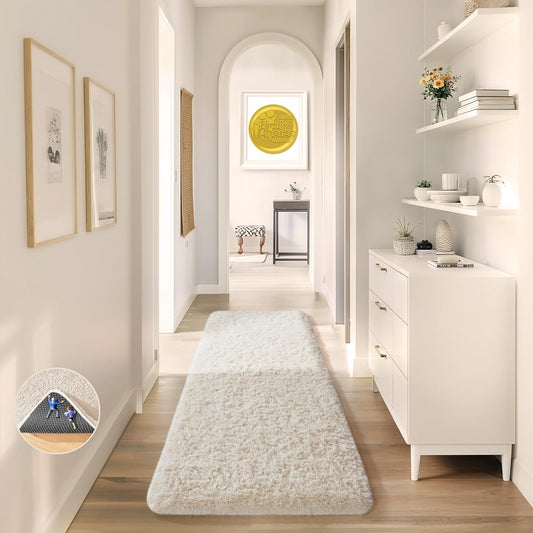 Ophanie 2x8 Runner Rug - Soft Non-Slip Ivory Shaggy Carpet for Hallway & Bedroom Decor