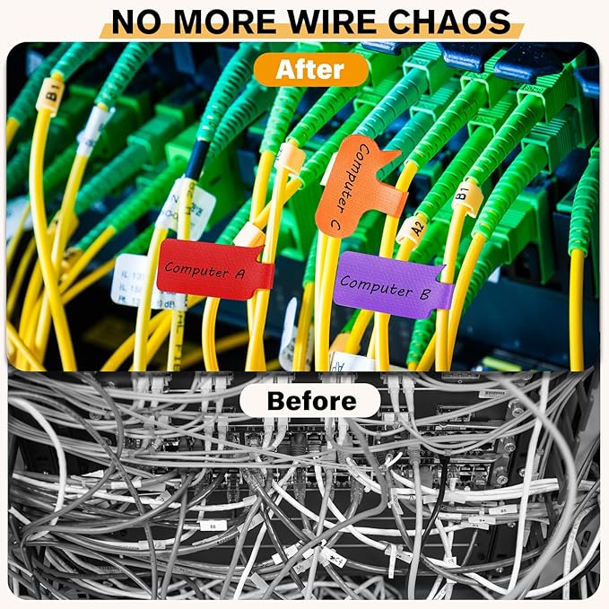 36-Pack Large Cable Labels with 40 Write-On Stickers, Reusable 8-Color Wire Tags for Electronics, Cord ID & Cable Management for Home Office, PC Network - Rectangle & Oval