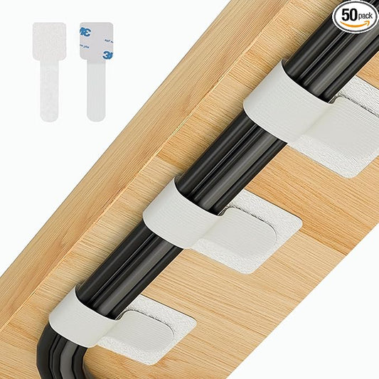 Abnii 50 PCS Hook and Loop Cable Ties, Under Desk Cable Management, Self Adhesive Cable Clips Straps, Sticky-Back Cord Organizer, Wire Organizer for TV PC Laptop Ethernet Desktop, White