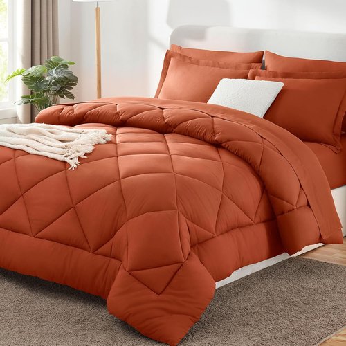 CozyLux Queen Comforter Set - Luxury Soft 7-Piece Bed in a Bag in Burnt Orange for All Seasons