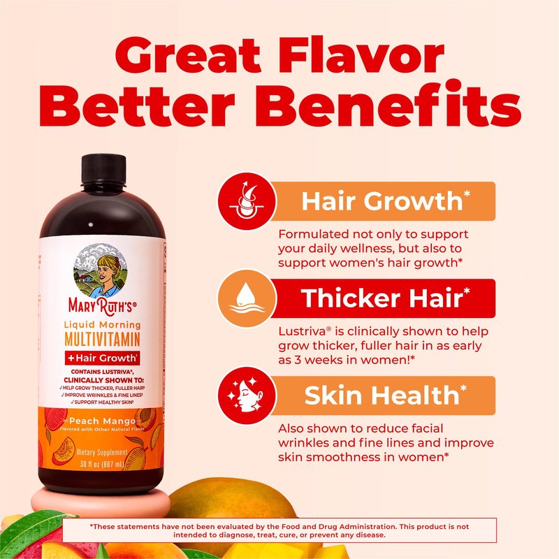 MARYRUTH'S Liquid Multivitamin + Hair Growth | Clinically Tested in Women for Thicker Hair & Facial Wrinkles | Biotin 10000mcg | Lustriva Hair Growth Supplements | Skin Care | Ages 18+ | 30 Fl Oz