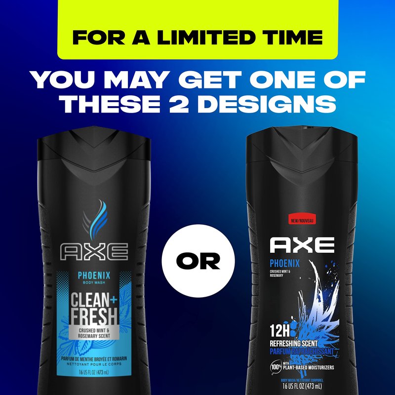 AXE Body Wash Phoenix 4 Count 12h Refreshing Scent Crushed Mint & Rosemary Men's Body Wash with 100% Plant-Based Moisturizers 16 oz