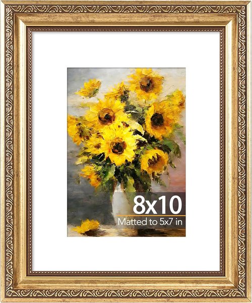 JCJMY Vintage Picture Frame - Elegant 8x10 Frame with 5x7 Mat | Shatter-Resistant Plexiglass, Gold Finish