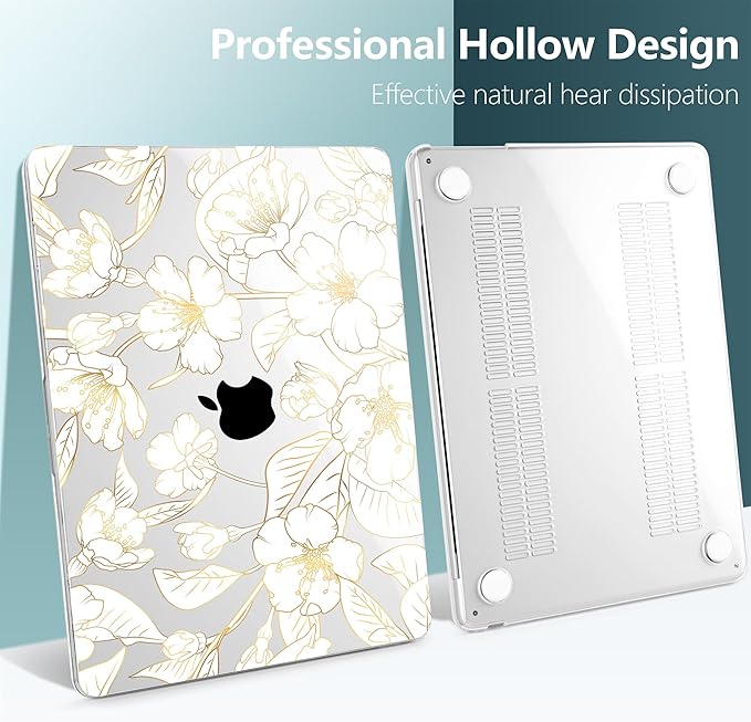 TWOLSKOO for MacBook Air 15 inch Case 2025 2024 2023 Release M4 A3241 M3 A3114 M2 A2941, Plastic Hard Shell & Screen Protector & Keyboard Cover & Type C Adapter, Gold Cherry Blossom