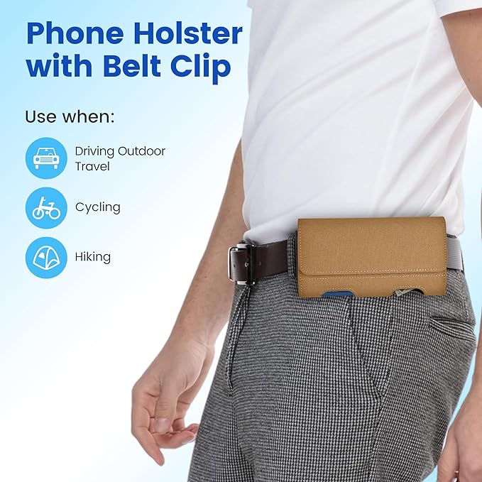 Mopaclle Nylon Phone Holster with Heavy Duty Metal Belt Clip and Card Holder, Compatible with iPhone 17/16/15/14/13 Pro Max,17 Air and Galaxy S26/S25/S24/S23/S22 Plus and FE - Khaki